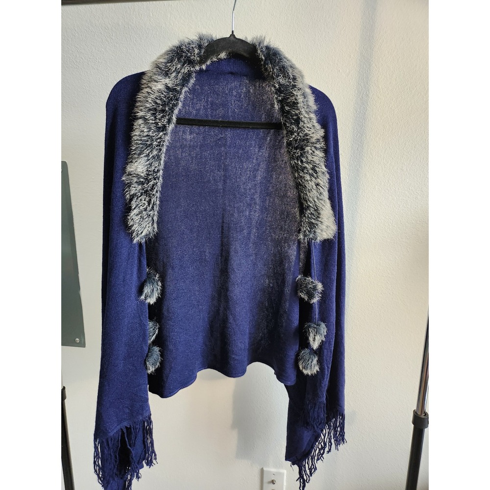 Navy Blue Faux Fur Trimmed Poncho Cape with Tassel Fringe Pom Poms